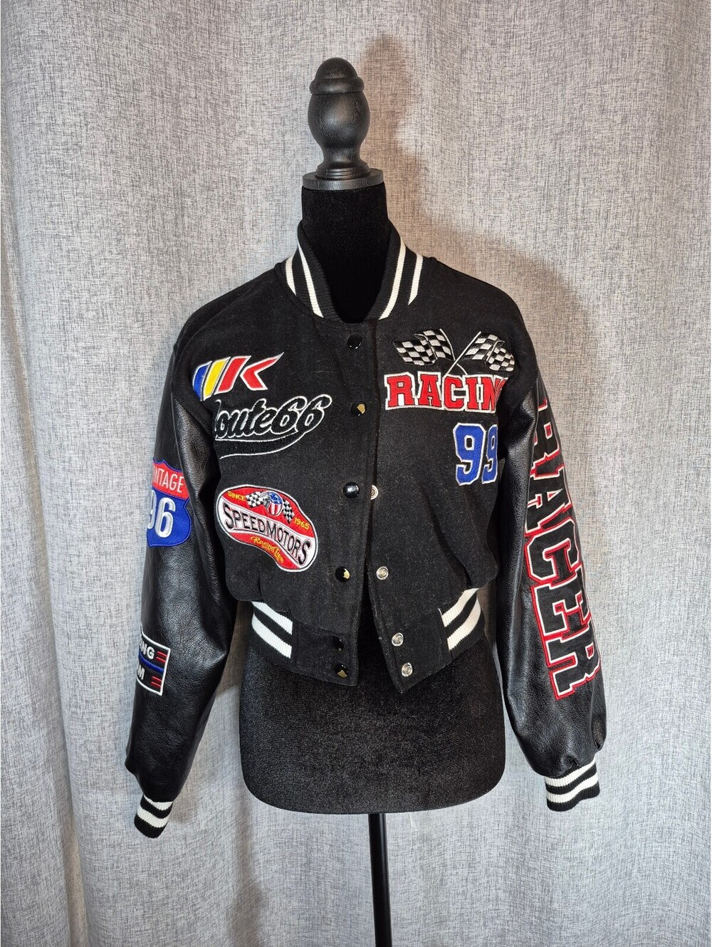 Size Medium Red Fox Black Cropped Racing Varsity Jacket Faux Leather Sleeves
